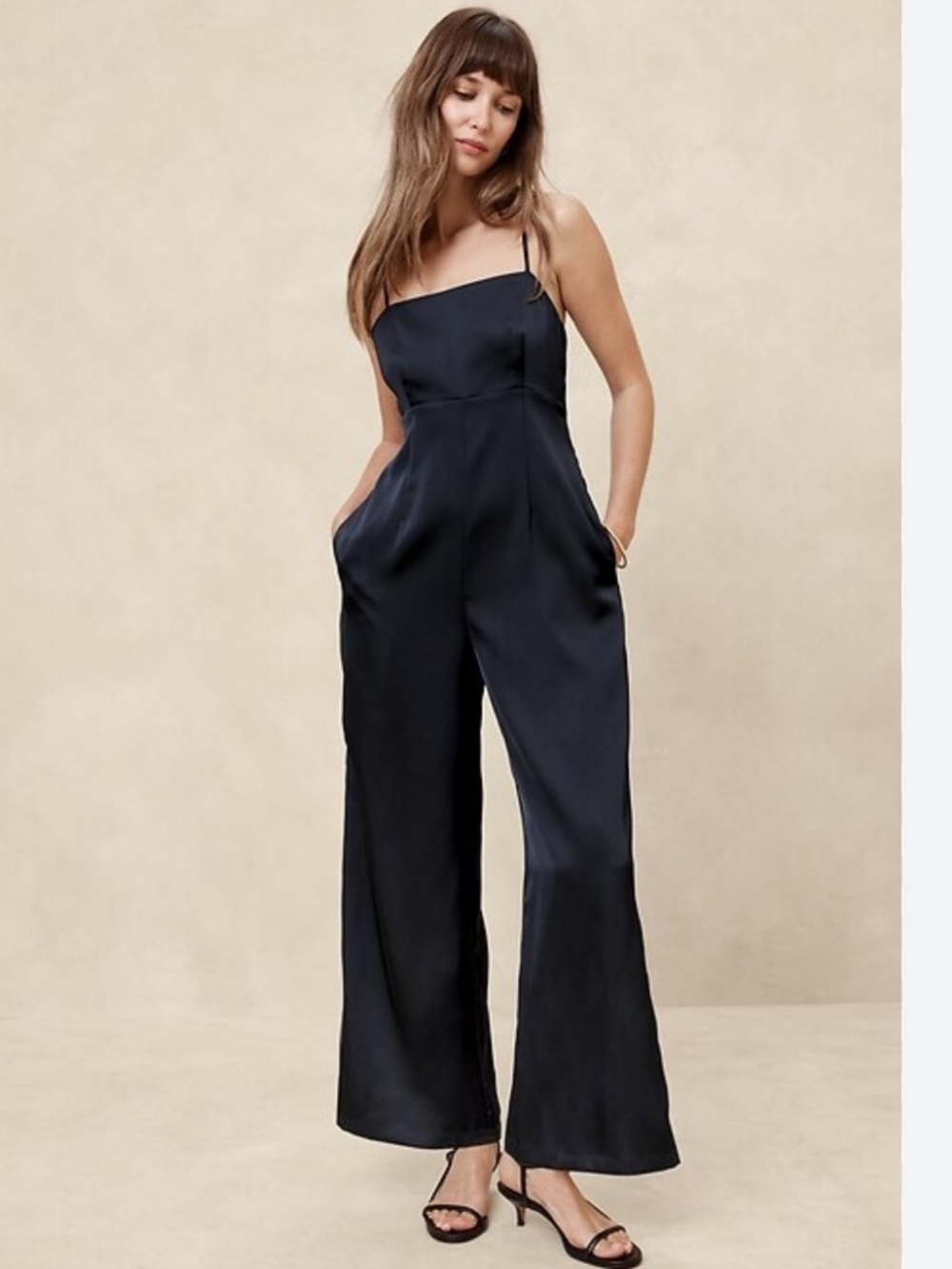 NWT Banana Republic Navy Blue Satin Wide Leg Jumpsuit Women's Size 16
